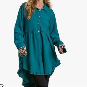 NWT UMGEE‎ Teal Linen Blend Animal Print Long Sleeve  High Low Dress  MEDIUM